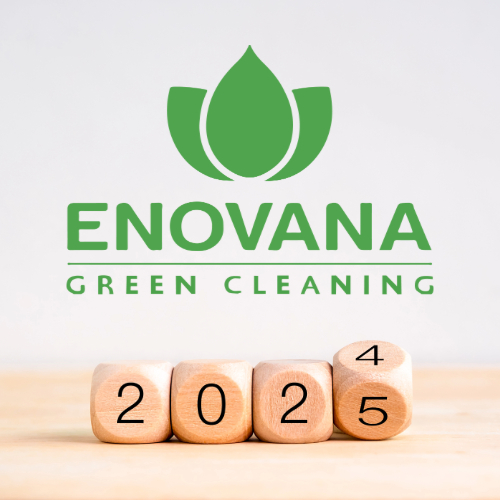 Enovana Green Cleaning logo with cubes underneath showing 2024 rolling over to 2025