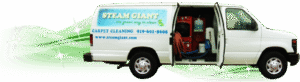 Steam Giant carpet cleaning van with open doors showing natural cleaning equipment, highlighting green cleaning services.
