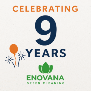 Digital graphic with "Celebrating 9 Years" in bold orange and navy text, featuring festive icons and the Enovana Green Cleaning logo on a textured background.