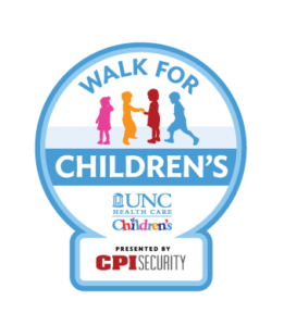 Walk for Children’s badge with silhouettes of children, UNC Health logo, and presented by CPI Security