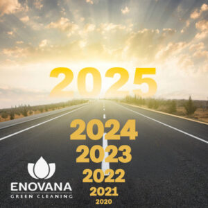 Open road with years 2020 to 2025 stacked along the center line, leading toward a bright horizon with the Enovana Green Cleaning logo.