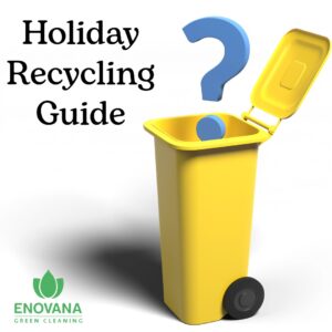 Holiday recycling guide graphic showing a yellow recycling bin with an open lid and a blue question mark, branded with the Enovana Green Cleaning logo.