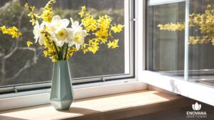 Spring flowers on a sunny windowsill with open window screen — Enovana Green Cleaning Raleigh NC pollen season home cleaning
