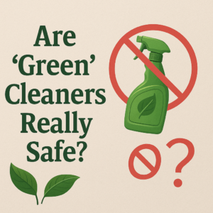 Bold graphic asking Are Green Cleaners Really Green with imagery of spray bottles and leaves representing eco-friendly cleaning products