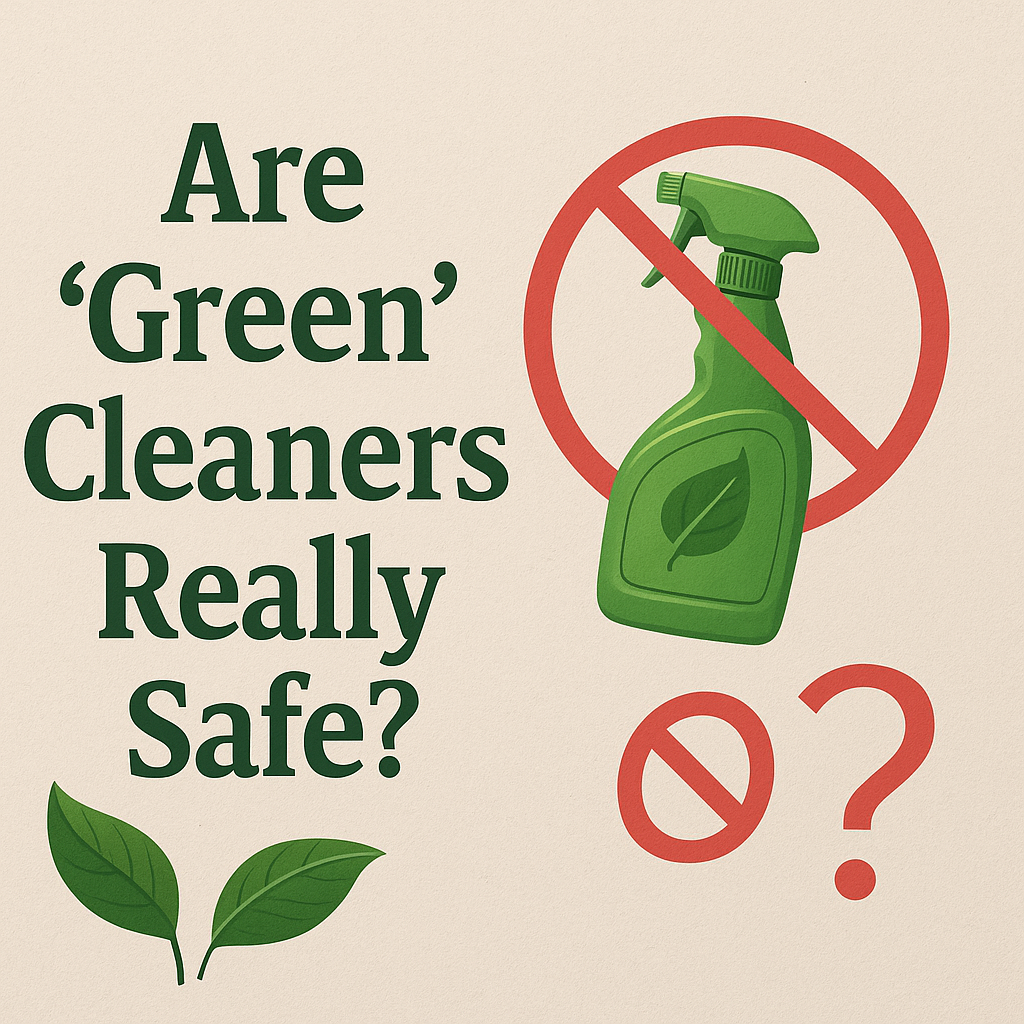 Bold graphic asking Are Green Cleaners Really Green with imagery of spray bottles and leaves representing eco-friendly cleaning products
