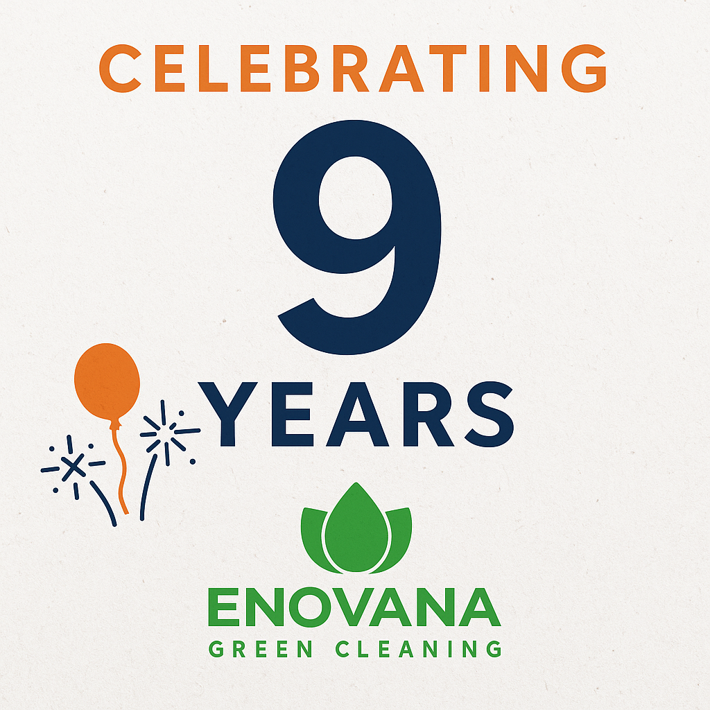 Digital graphic with Celebrating 9 Years in bold orange and navy text featuring festive icons and the Enovana Green Cleaning logo
