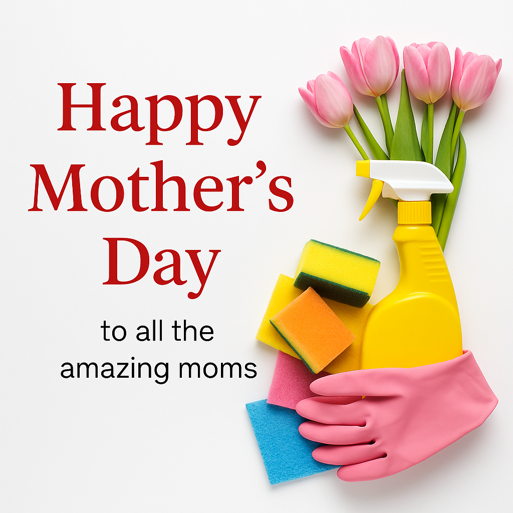Digital Mothers Day graphic with cleaning supplies flowers and soft colors celebrating moms with a message from Enovana Green Cleaning