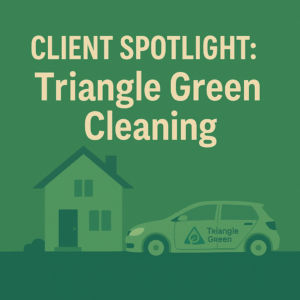Flat illustration representing Triangle Green Cleaning's client spotlight featuring eco-friendly cleaning tools and branding elements