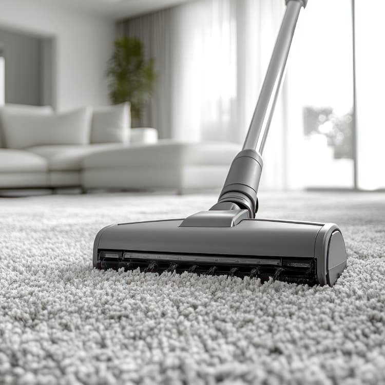 High-efficiency vacuum cleaning thick carpet in a modern, naturally lit living room that was cleaned by Enovana Green Cleaning